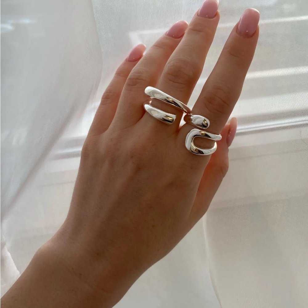 NEW 925 Sterling Silver Ring Set Resizable Abstract Minimalist - Picture 2 of 13